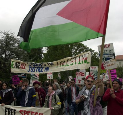 Pro-Palestinian protestors march on the University of California campus in Berkeley.